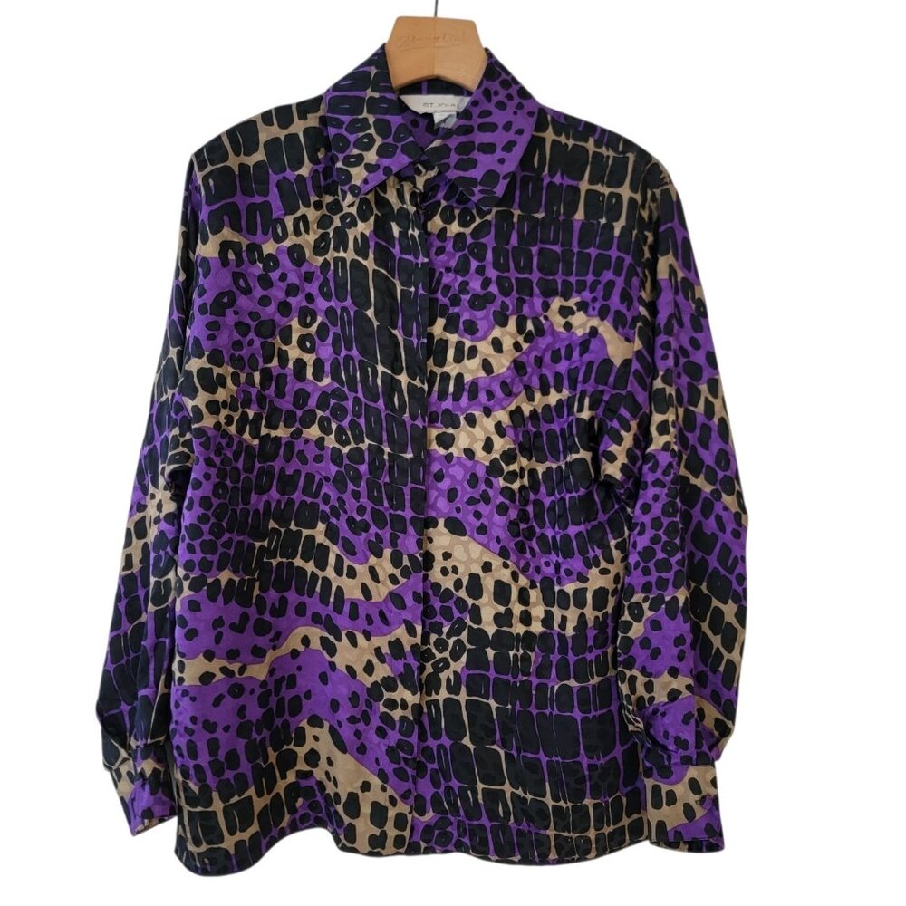 St. John Silk Long Sleeve Button Up Animal Print Blouse Womens Size 4 Colorful‎